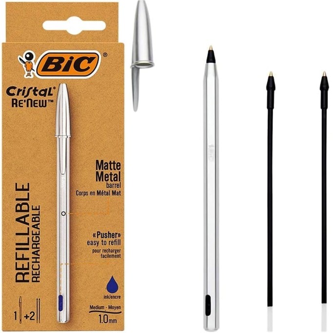 BIC CRISTAL RE NEW PENNA + 2 RICARICHE, BLU