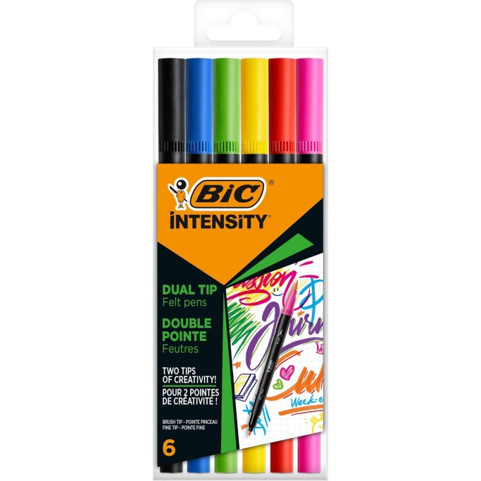 BIC Intensity, Pennarelli Colorati Doppia Punta, Punta in Feltro e Punta a Pennello, 6 Unità
