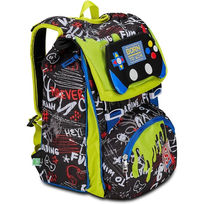 ZAINO SCUOLA ESTENSIBILE SJ GANG , NERO E VERDE