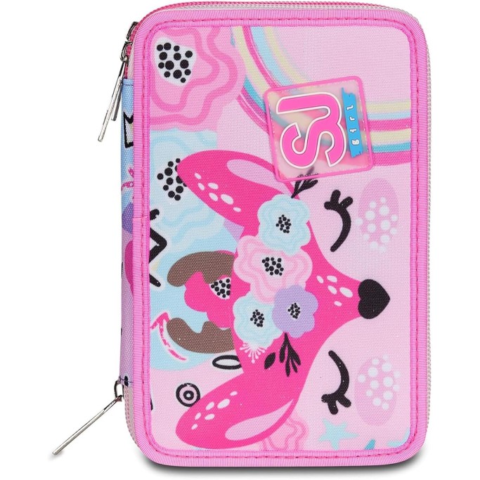 SJ Gang Astuccio Scuola 3 Zip, Rosa, PinkHugs