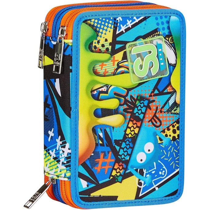 SJ Gang Astuccio Scuola 3 Zip, Blu, Sphere Full