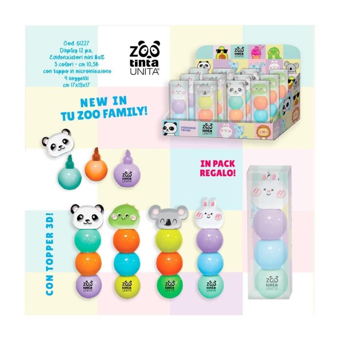 Evidenziatori Mini Ball 3in1 Tinta Unita Zoo