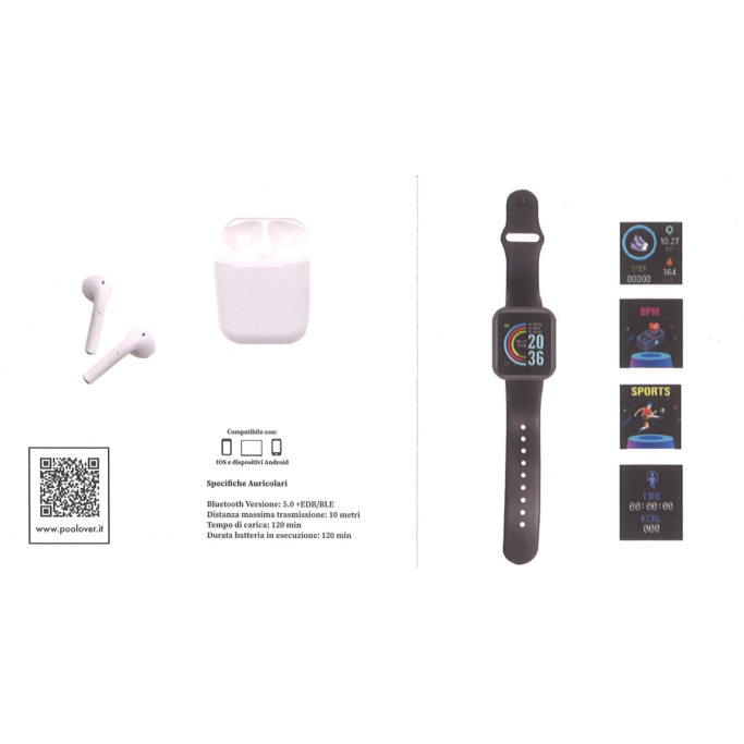 SET SMARTWATCH + AURICOLARE BLUETOOTH BIANCHE TINTAUNITA