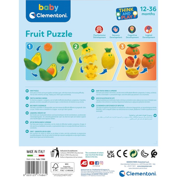 Clementoni, Baby Fruit Puzzle, Gioco Componibile con Frutta per Bambini 12-36 Mesi