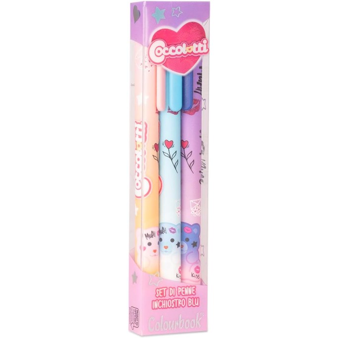 Colourbook, Set 3 Penne Coccolotti, Penna a Sfera 0,7mm, Inchiostro Blu (Love&Tell)