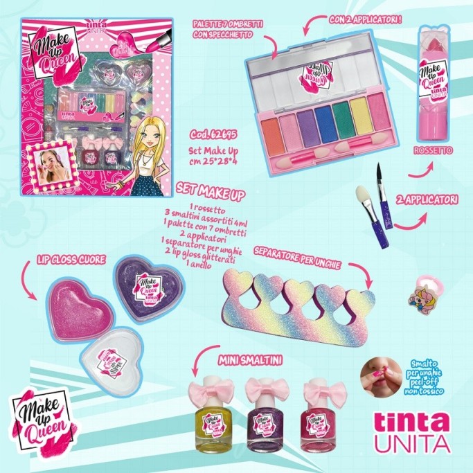Set Make Up Bambina Make Up Queen Tinta Unita 25x28cm Trucchi Atossici Peel-Off