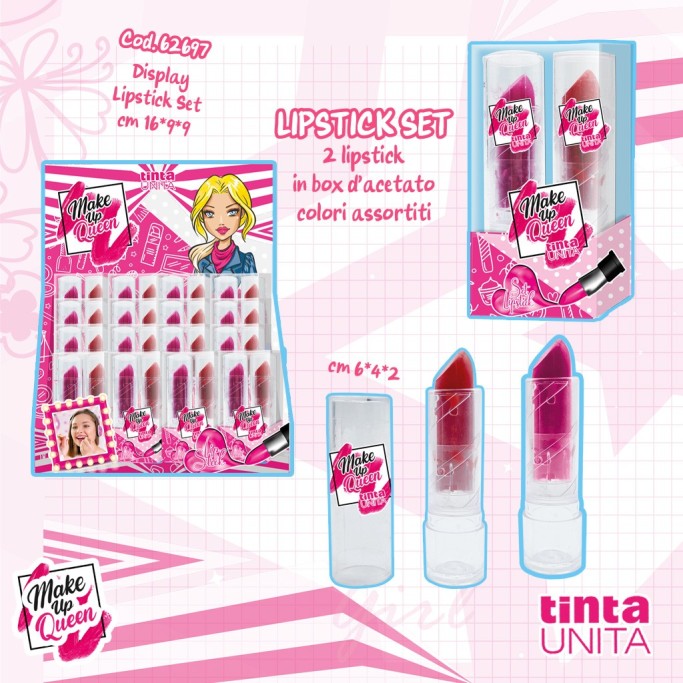 Set 2 Rossetti Bambina Make Up Queen Tinta Unita Atossici Lavabili Lipstick