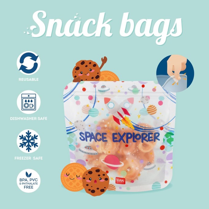 Legami, Set di 3 Buste per Alimenti, 3 Diverse Misure S, M, L, Snack Bags Pratici, Space