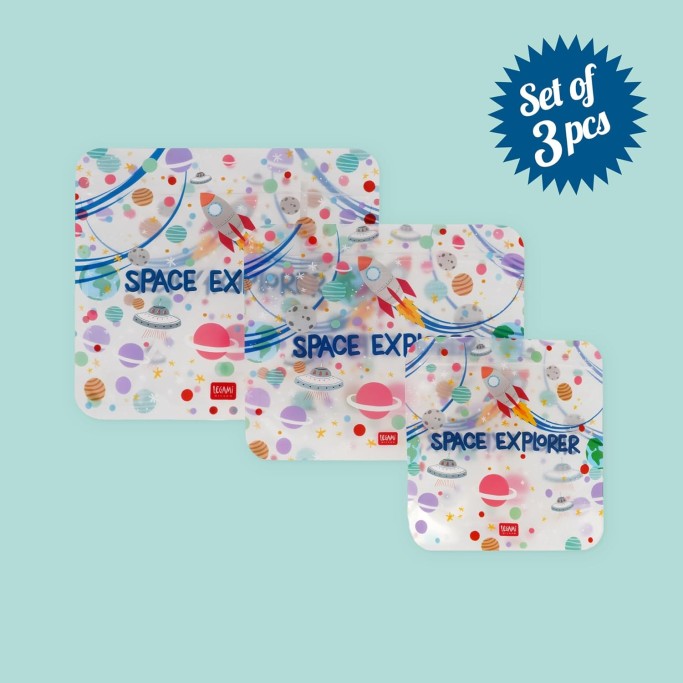 Legami, Set di 3 Buste per Alimenti, 3 Diverse Misure S, M, L, Snack Bags Pratici, Space