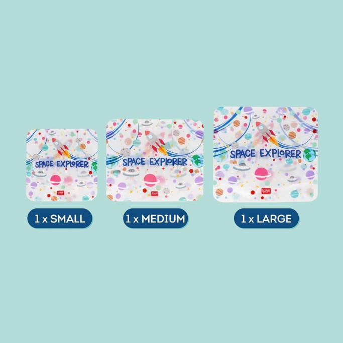 Legami, Set di 3 Buste per Alimenti, 3 Diverse Misure S, M, L, Snack Bags Pratici, Space