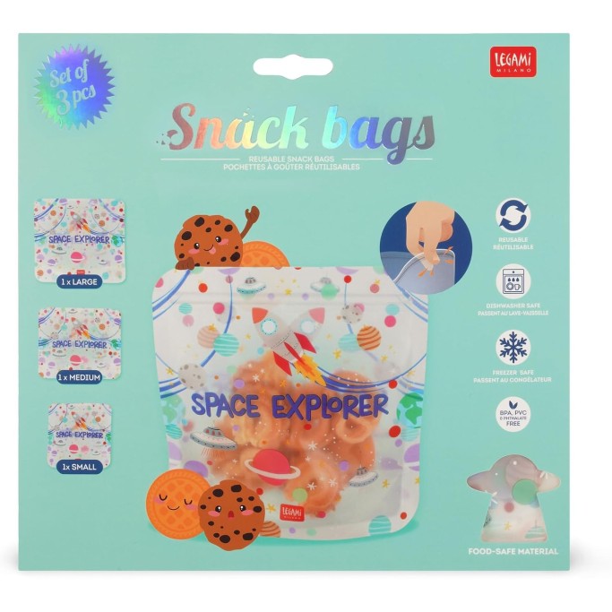 Legami, Set di 3 Buste per Alimenti, 3 Diverse Misure S, M, L, Snack Bags Pratici, Space