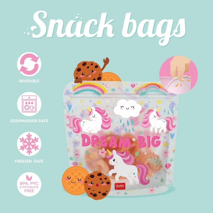 Legami, Set di 3 Buste per Alimenti, 3 Diverse Misure S, M, L, Snack Bags Pratici, Unicorn