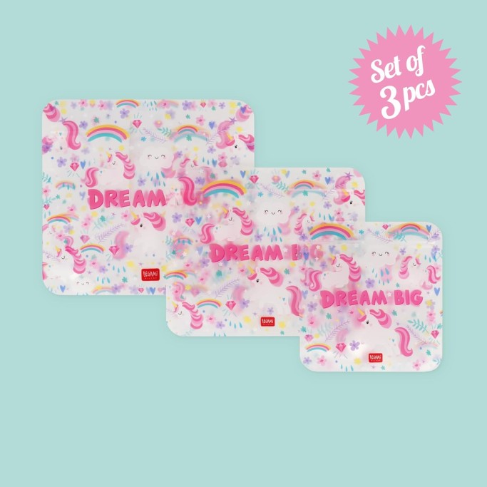 Legami, Set di 3 Buste per Alimenti, 3 Diverse Misure S, M, L, Snack Bags Pratici, Unicorn