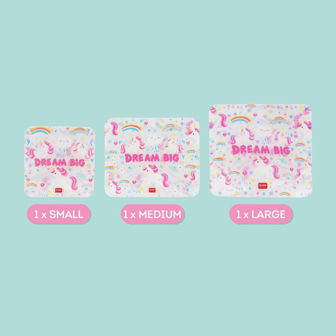 Legami, Set di 3 Buste per Alimenti, 3 Diverse Misure S, M, L, Snack Bags Pratici, Unicorn