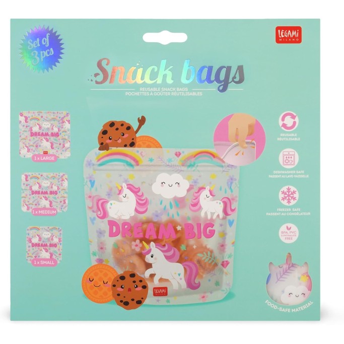 Legami, Set di 3 Buste per Alimenti, 3 Diverse Misure S, M, L, Snack Bags Pratici, Unicorn