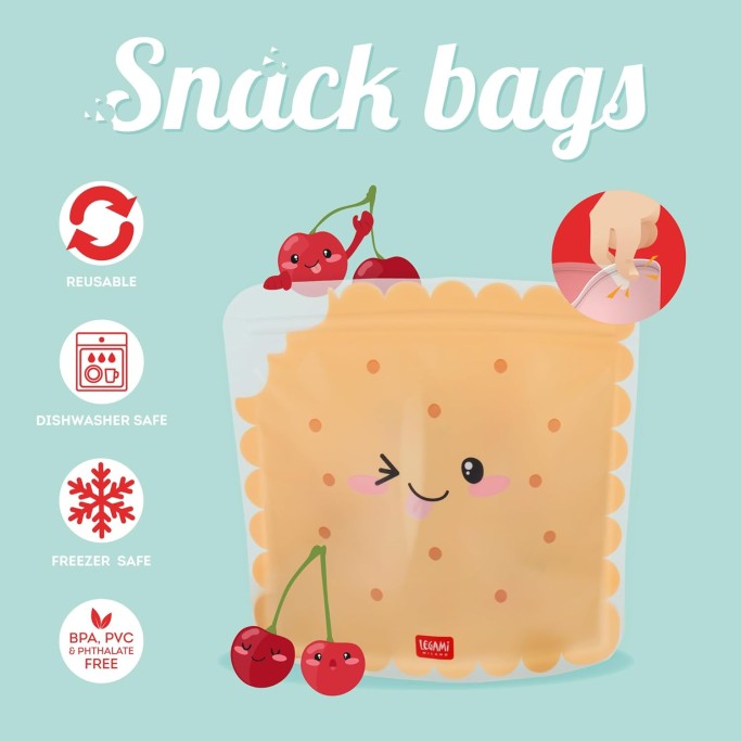 Legami, Set di 3 Buste per Alimenti, 3 Diverse Misure S, M, L, Snack Bags Pratici, Cookie