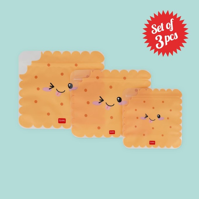 Legami, Set di 3 Buste per Alimenti, 3 Diverse Misure S, M, L, Snack Bags Pratici, Cookie