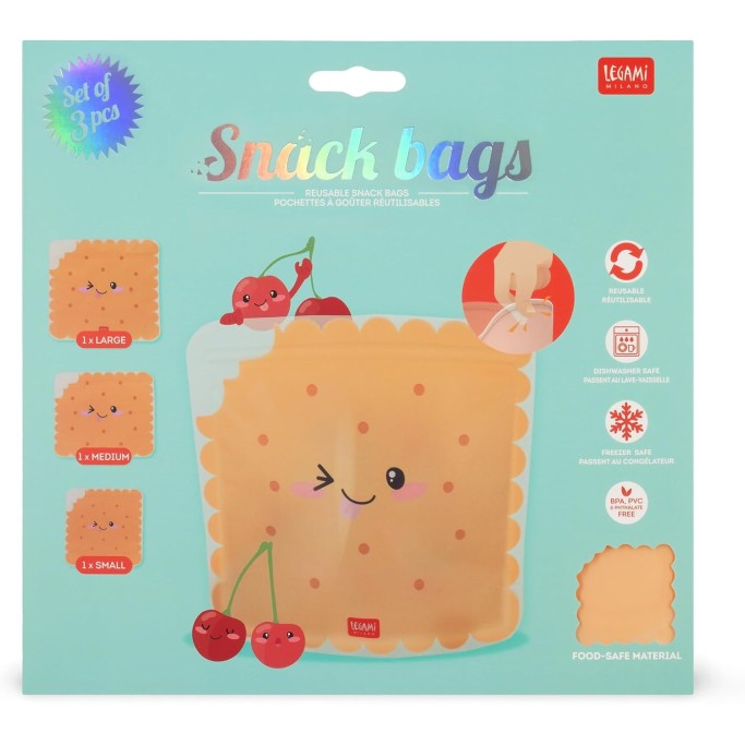 Legami, Set di 3 Buste per Alimenti, 3 Diverse Misure S, M, L, Snack Bags Pratici, Cookie