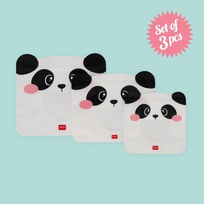 Legami, Set di 3 Buste per Alimenti, 3 Diverse Misure S, M, L, Snack Bags Pratici, Panda