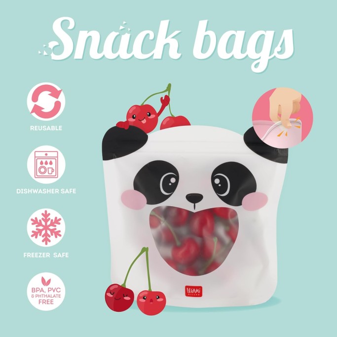 Legami, Set di 3 Buste per Alimenti, 3 Diverse Misure S, M, L, Snack Bags Pratici, Panda
