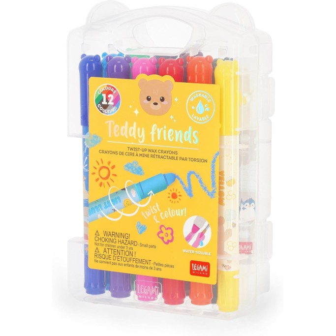 Legami, Set di 12 Pastelli a Cera Teddy Friends, a Rotazione
