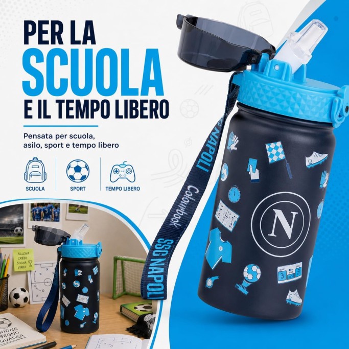 Colourbook, Borraccia Termica Bambini 400 Ml Napoli Ufficiale