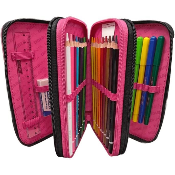 Tinta Unita, Astuccio Scuola Rosa Wild Completo con Colori 3 Zip