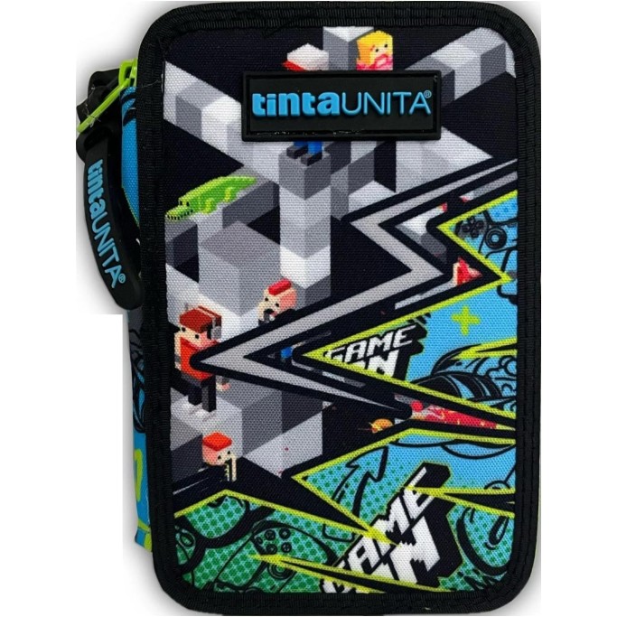 Tinta Unita, Astuccio Scuola Game Nero Verde Completo con Colori 3 Zip