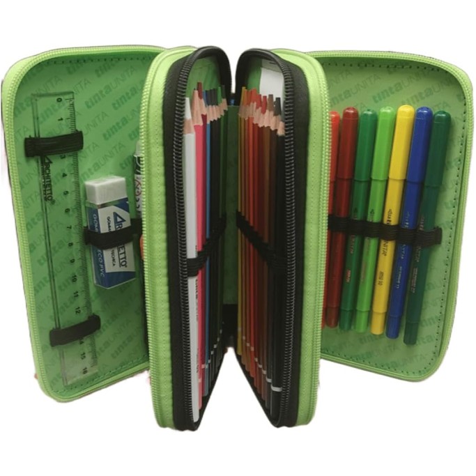 Tinta Unita, Astuccio Scuola Game Nero Verde Completo con Colori 3 Zip
