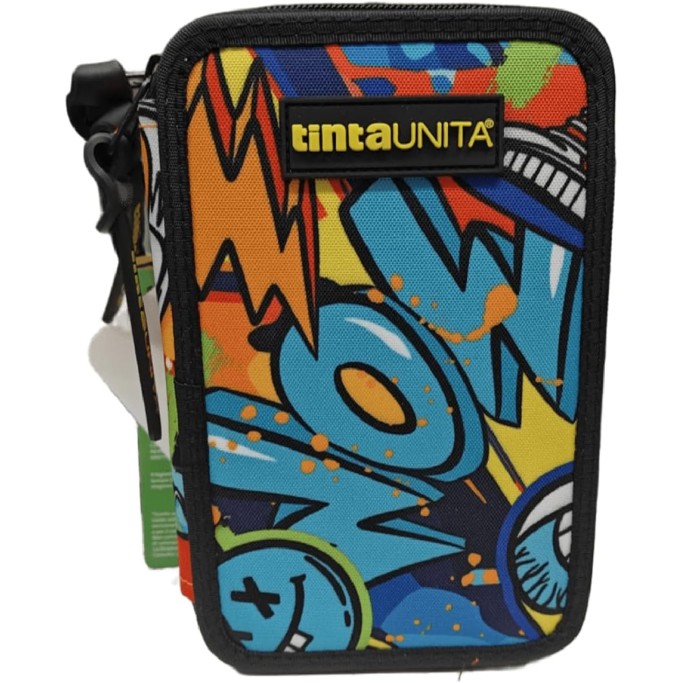 Tinta Unita, Astuccio Scuola Wow Nero Arancio Completo con Colori 3 Zip