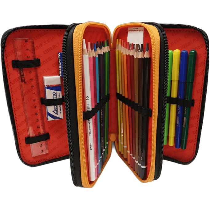 Tinta Unita, Astuccio Scuola Wow Nero Arancio Completo con Colori 3 Zip