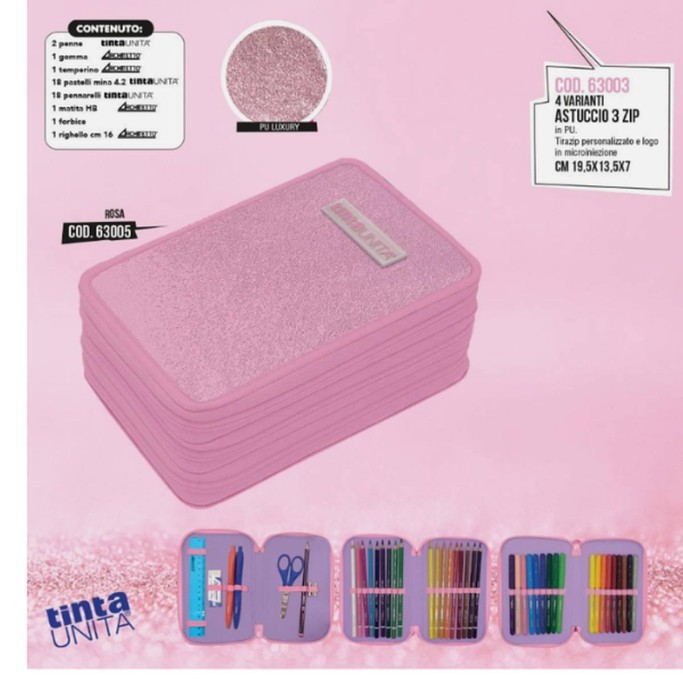 Tinta Unita, Astuccio Scuola Rosa Glitter Completo con Colori