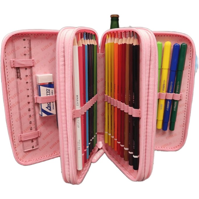 Tinta Unita, Astuccio Scuola Rosa Glitter Completo con Colori