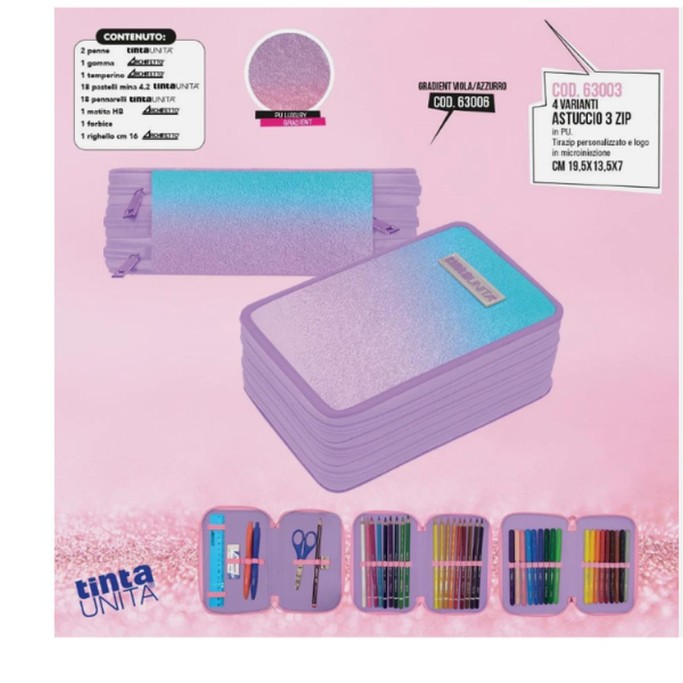 Tinta Unita, Astuccio Scuola Azzurro Viola Glitter Completo con Colori 3 Zip