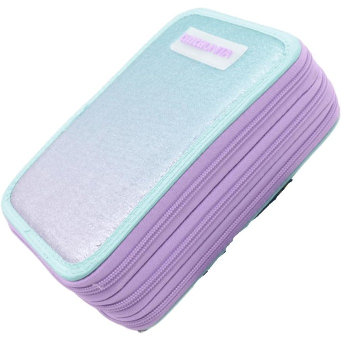 Tinta Unita, Astuccio Scuola Azzurro Viola Glitter Completo con Colori 3 Zip