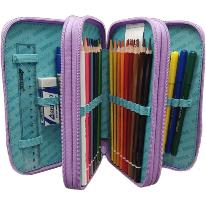 Tinta Unita, Astuccio Scuola Azzurro Viola Glitter Completo con Colori 3 Zip