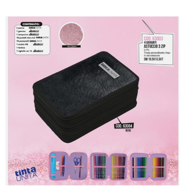 Tinta Unita, Astuccio Scuola Nero Glitter Completo con Colori