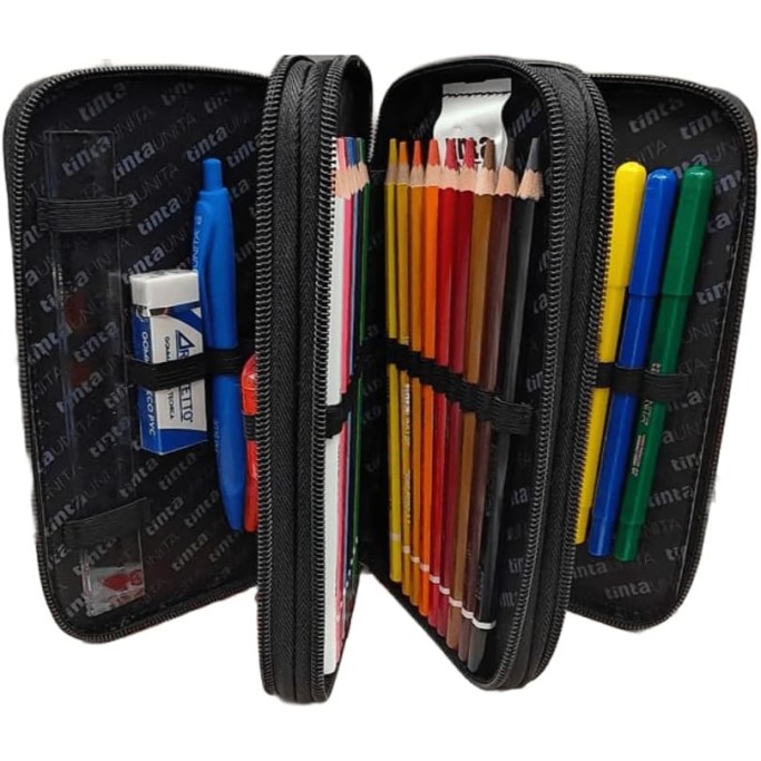 Tinta Unita, Astuccio Scuola Nero Glitter Completo con Colori