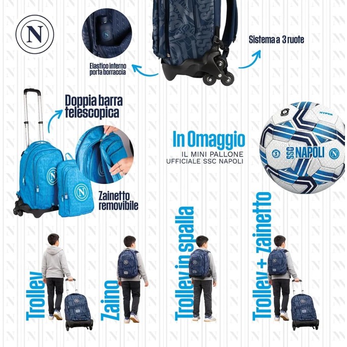 Colourbook Zaino Trolley Scuola Napoli Ufficiale 4 in 1 Con Pallone