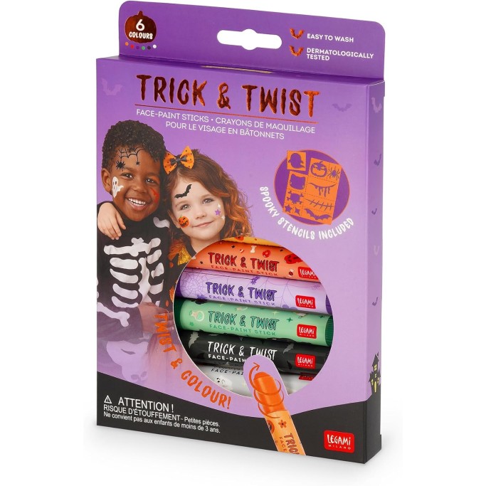 Legami, Halloween Set di 6 Trucchi Viso in Stick, Halloween, 1 Stencil incluso