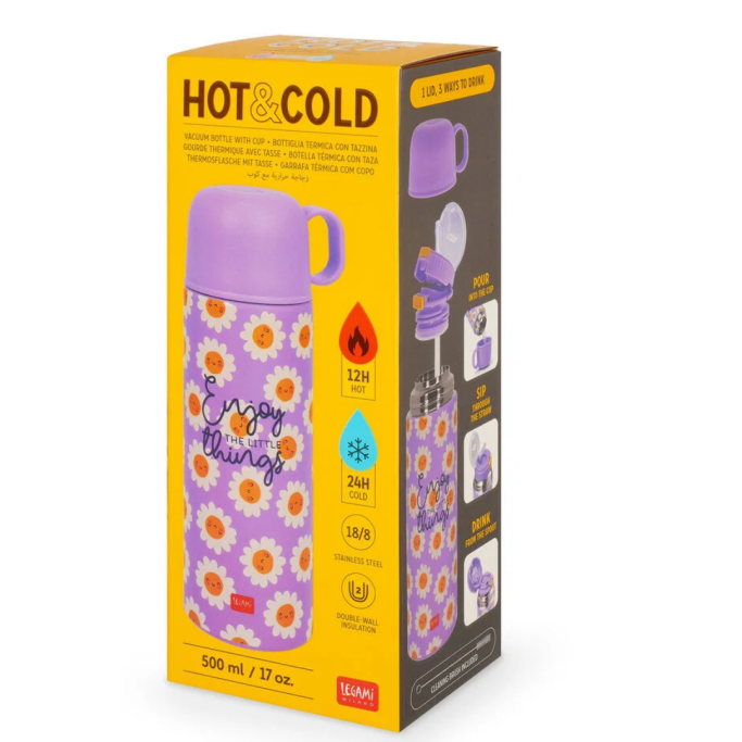 Legami, Borraccia Termica Daisy, Tazzina inclusa, capacità max 500 ml