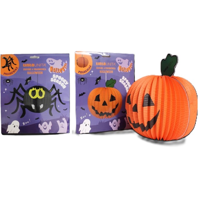 Tinta Unita, Kit 2 Festoni Halloween, Decorazione in Carta Richiudibile, Varianti Zucca e Spider