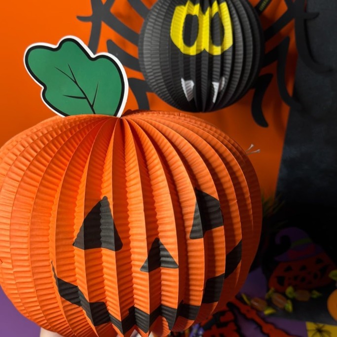 Tinta Unita, Kit 2 Festoni Halloween, Decorazione in Carta Richiudibile, Varianti Zucca e Spider