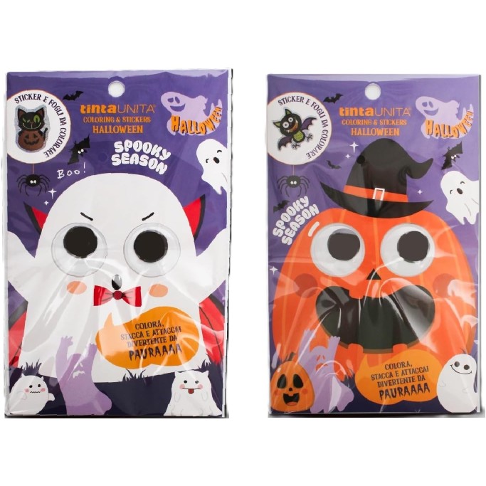 Tinta Unita, Set 2 Coloring e Stickers Halloween, Album da Colorare con 36 Adesivi