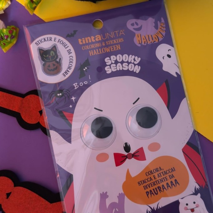 Tinta Unita, Set 2 Coloring e Stickers Halloween, Album da Colorare con 36 Adesivi