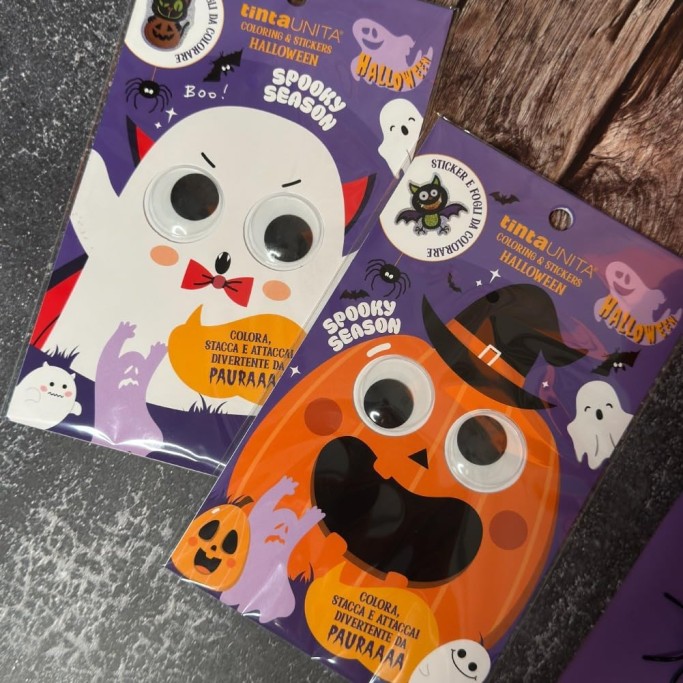 Tinta Unita, Set 2 Coloring e Stickers Halloween, Album da Colorare con 36 Adesivi