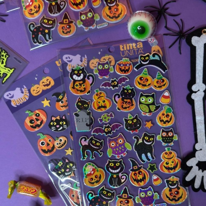 Tinta Unita, KIT 3 Stickers di Halloween in versione glitter o fluorescenti