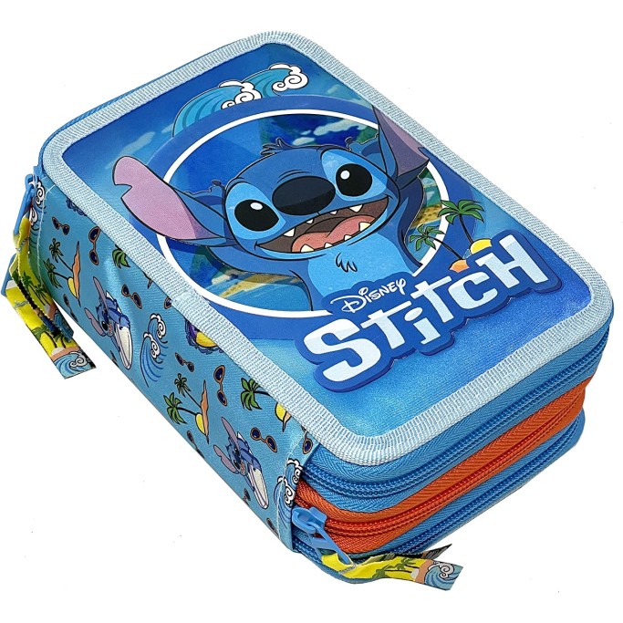 Stitch Astuccio Triplo Riempito, 44 Accessori Scuola, 3 Zip