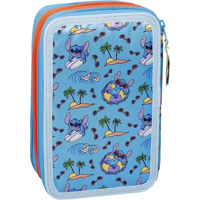 Stitch Astuccio Triplo Riempito, 44 Accessori Scuola, 3 Zip