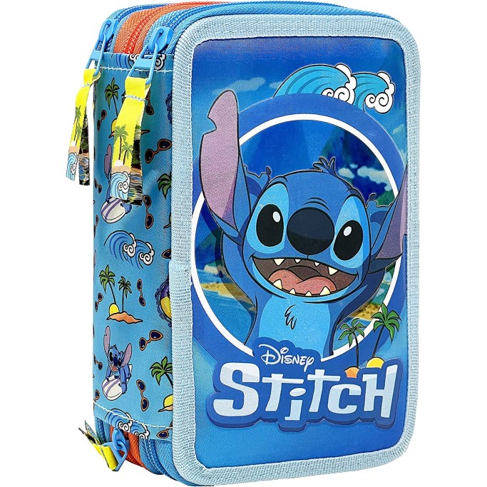 Stitch Astuccio Triplo Riempito, 44 Accessori Scuola, 3 Zip